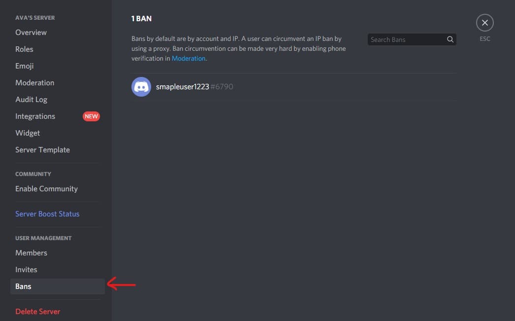 bans list in discord